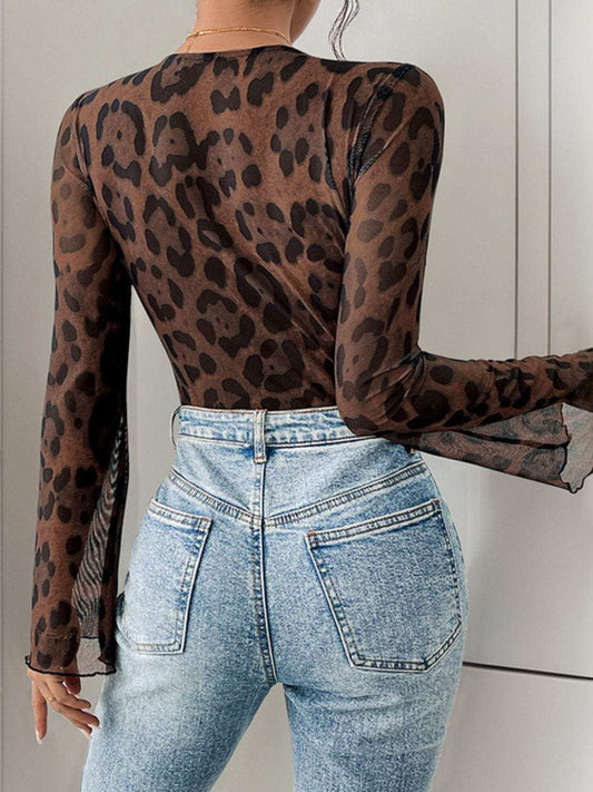 Perfee Leopard V-Neck Lace Bodysuit - Trendsi - Flyclothing LLC