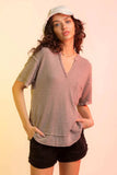 Waffle-Knit Notched Half Sleeve T-Shirt - Trendsi - Flyclothing LLC