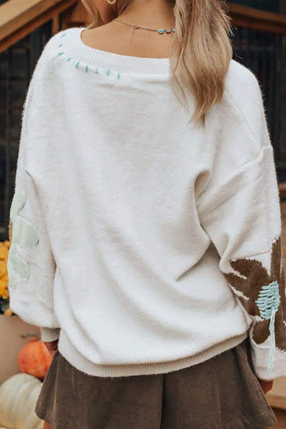Flower V-Neck Dropped Shoulder Sweater - Trendsi - Flyclothing LLC
