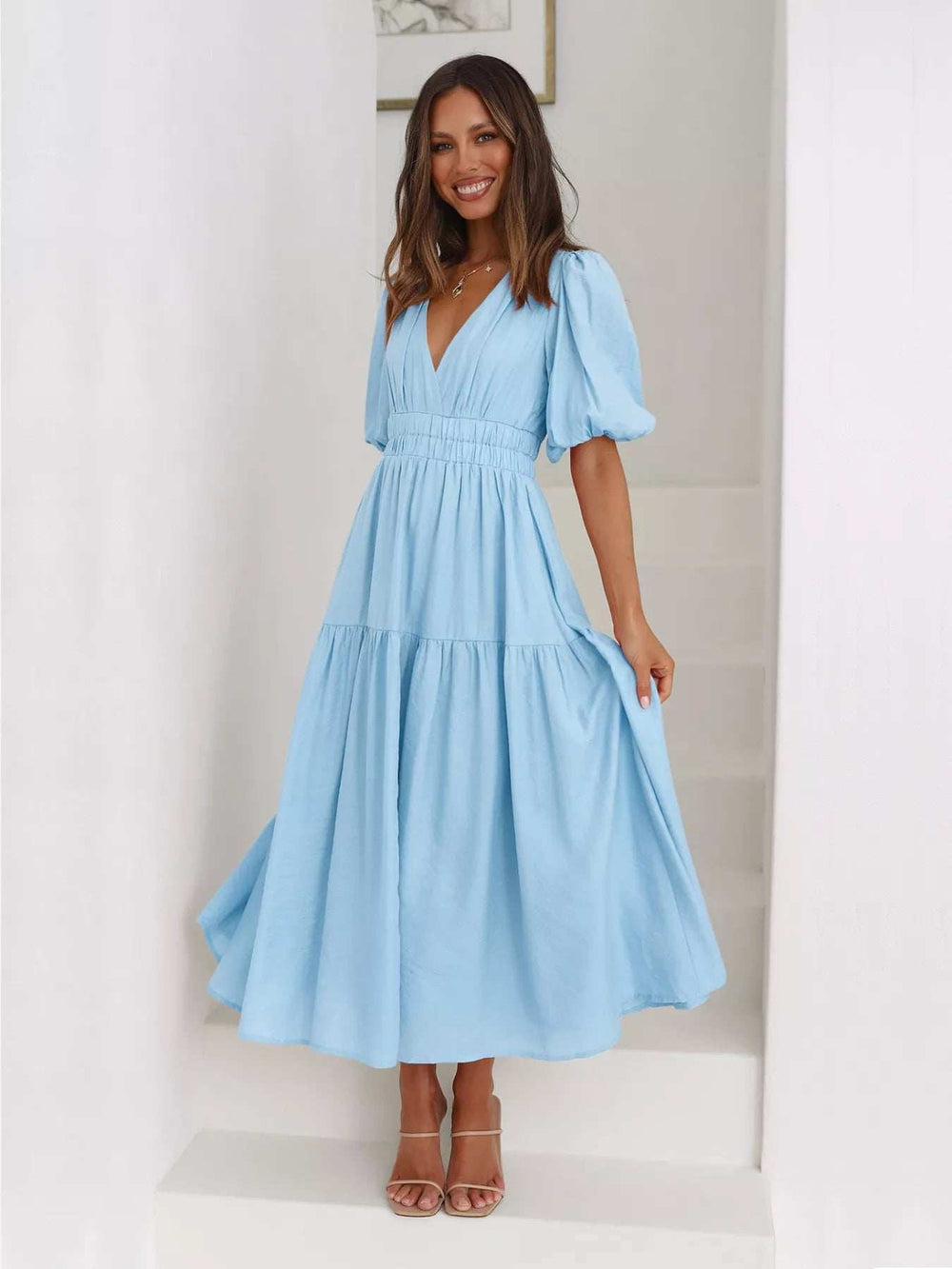 Tiered Puff Sleeve Midi Dress - Trendsi - Flyclothing LLC