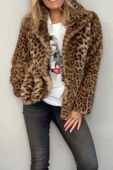 Full Size Leopard Furry Collared Neck Long Sleeve Coat - Trendsi - Flyclothing LLC