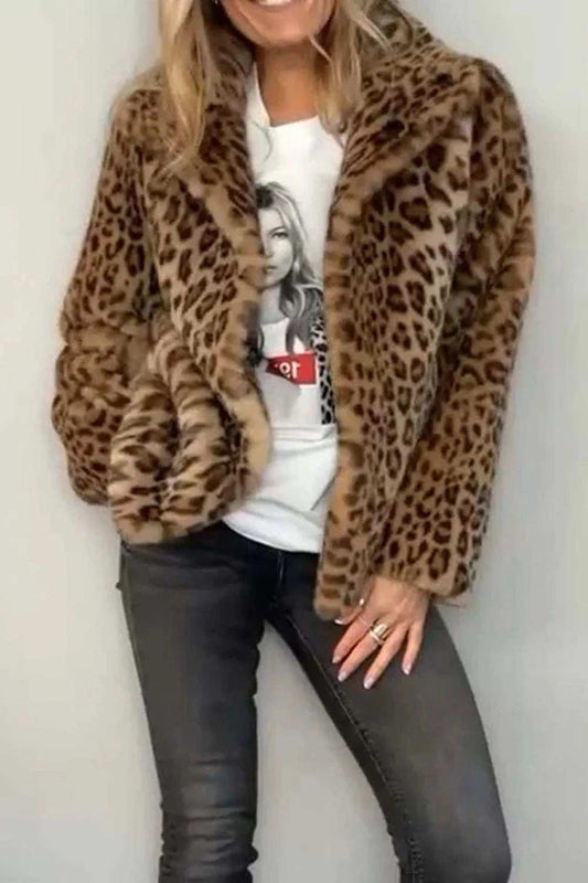 Full Size Leopard Furry Collared Neck Long Sleeve Coat - Trendsi - Flyclothing LLC