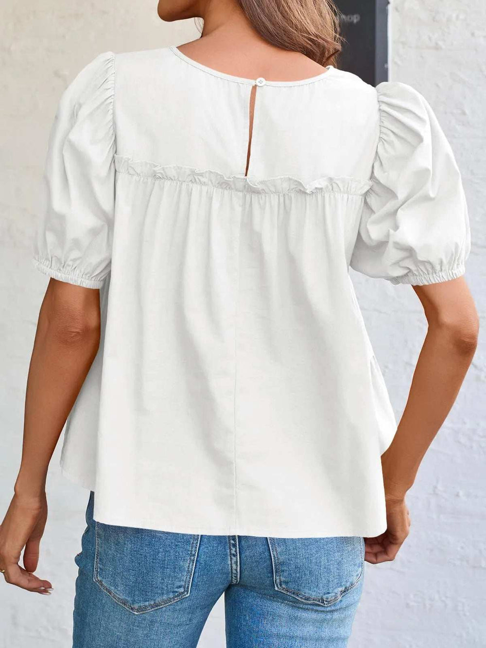Round Neck Puff Sleeve Tiered Blouse - Trendsi - Flyclothing LLC