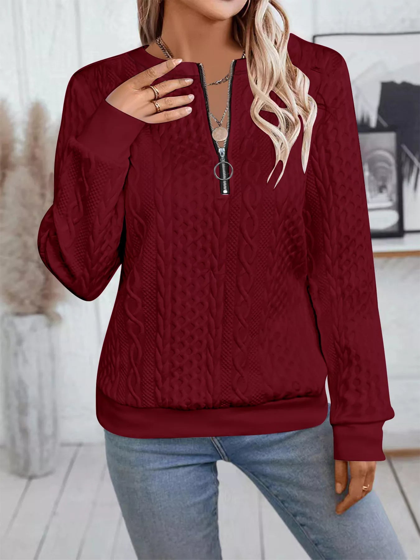 Chic Cable Texture Quarter-Zip Sweatshirt - Trendsi - Flyclothing LLC