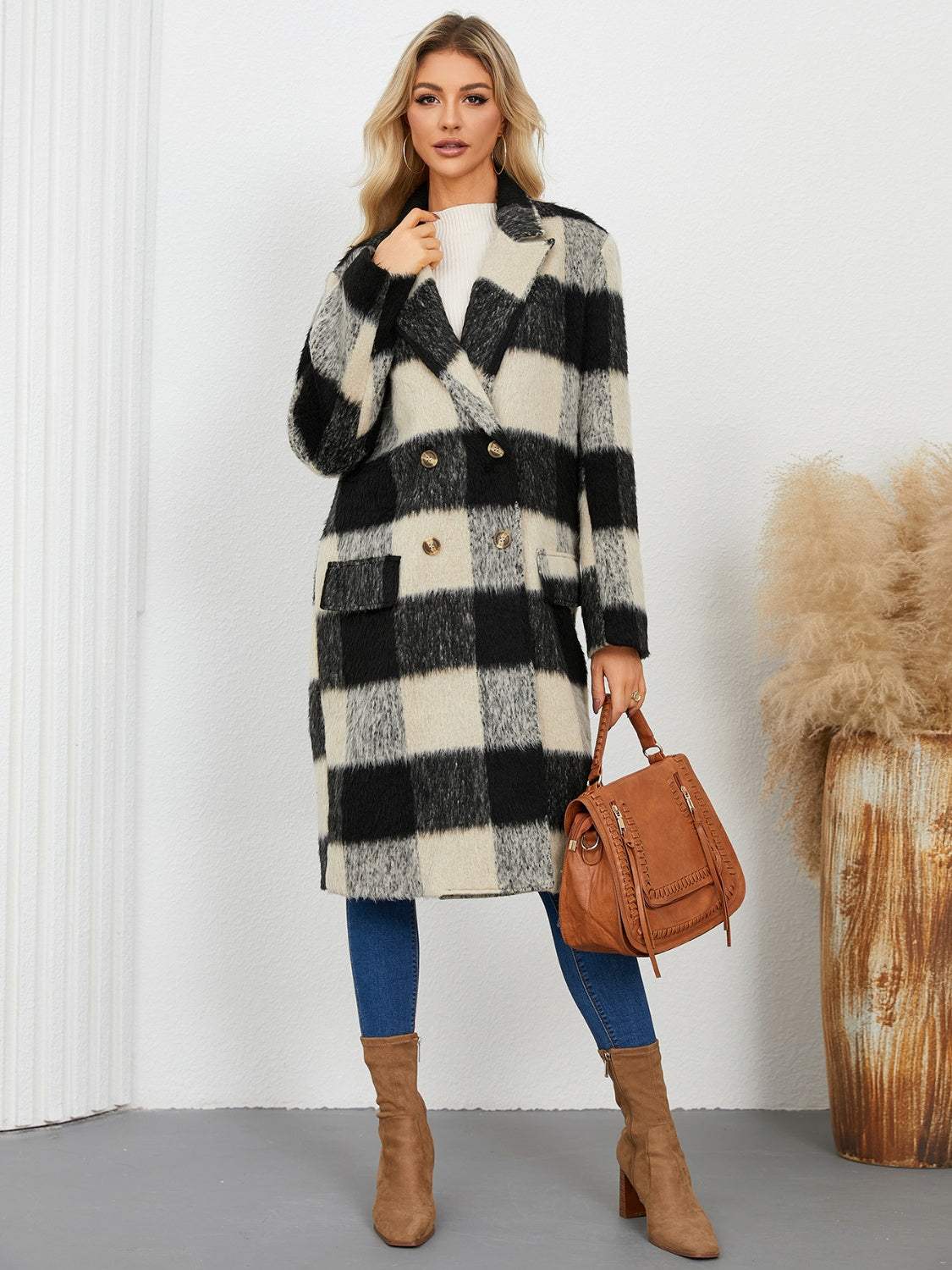 Plaid Double-Breasted Long Sleeve Coat - Trendsi - Flyclothing LLC