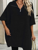 Slit Quarter Zip Half Sleeve Sweater - Trendsi - Flyclothing LLC