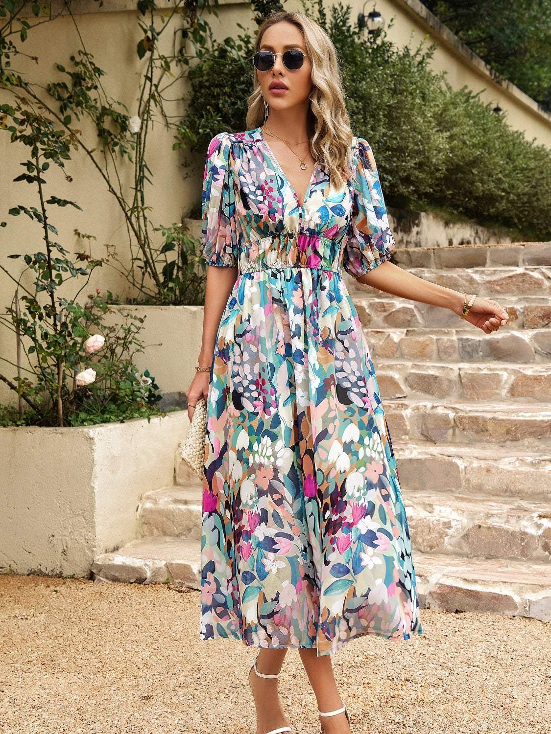 Smocked Printed V-Neck Half Sleeve Midi Dress - Trendsi - Flyclothing LLC