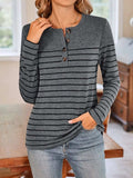 Lovelet Quarter Button Striped Round Neck Long Sleeve T-Shirt - Trendsi - Flyclothing LLC