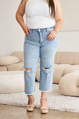 RFM Full Size Tummy Control High Waist Raw Hem Distressed Jeans - Trendsi - Flyclothing LLC