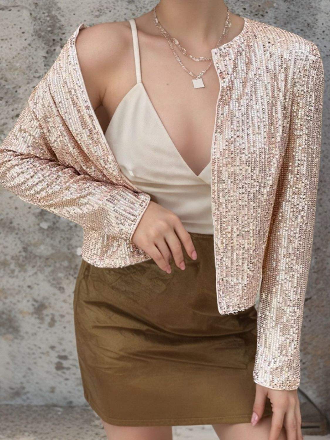 Full Size Sequin Open Front Cropped Jacket - Trendsi - Flyclothing LLC