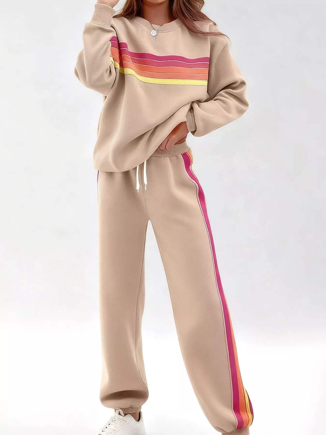 Striped Round Neck Sweatshirt and Pants Set - Trendsi - Flyclothing LLC