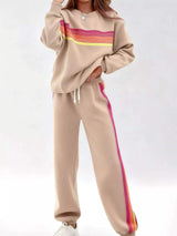 Striped Round Neck Sweatshirt and Pants Set - Trendsi - Flyclothing LLC