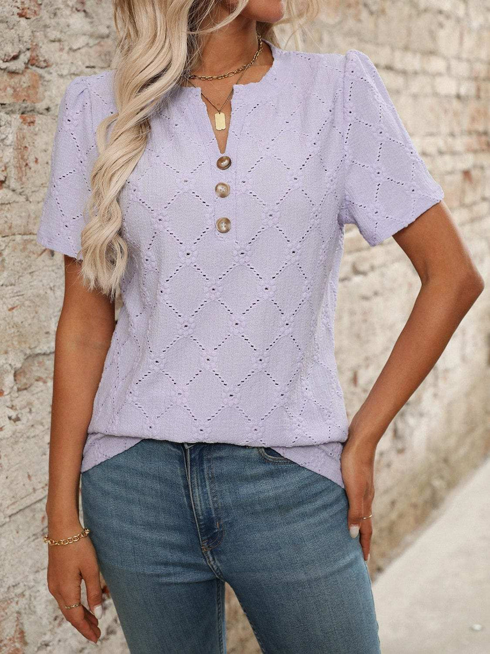 Eyelet Notched Short Sleeve Top - Trendsi - Flyclothing LLC
