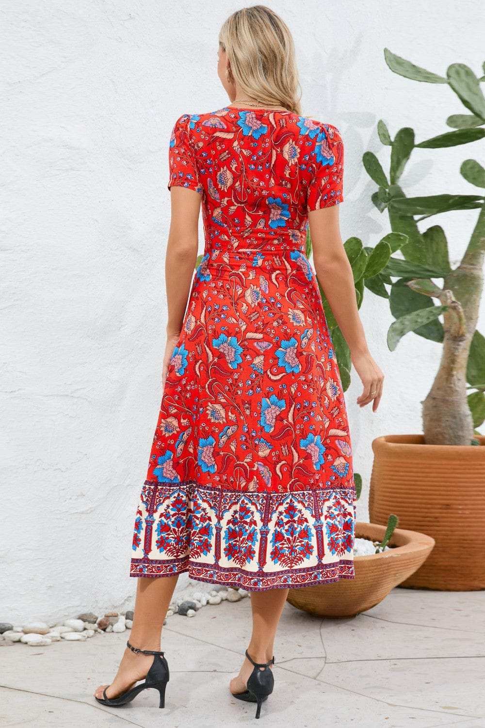 Printed Surplice Short Sleeve Dress - Trendsi - Flyclothing LLC