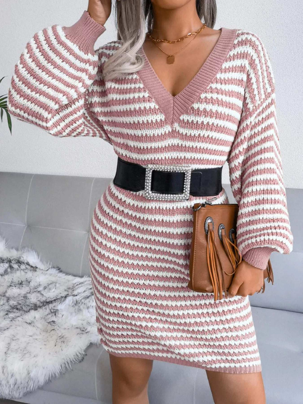 Striped V-Neck Long Sleeve Sweater Dress - Trendsi - Flyclothing LLC