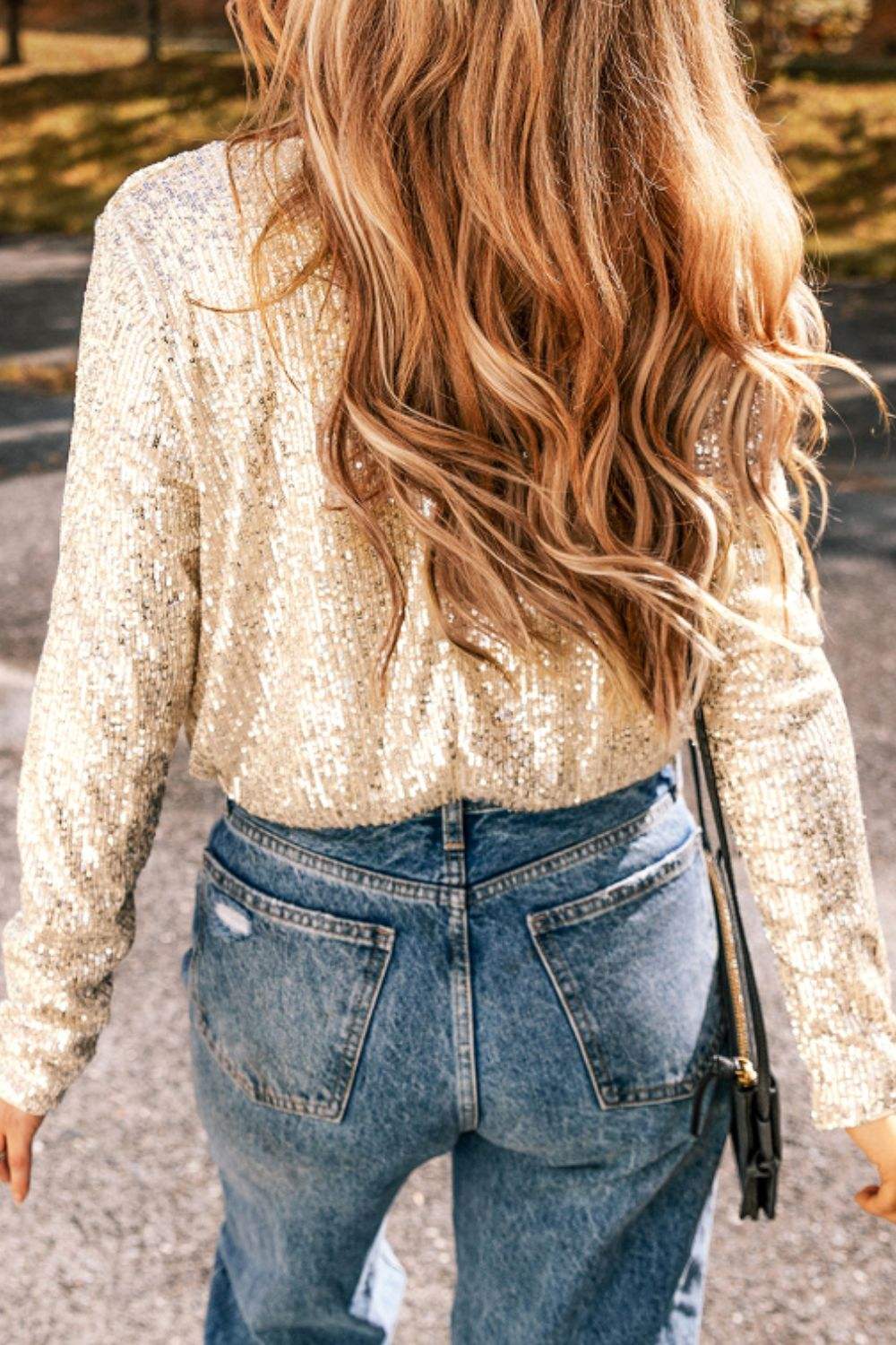 Sequin Surplice Long Sleeve Bodysuit - Trendsi - Flyclothing LLC