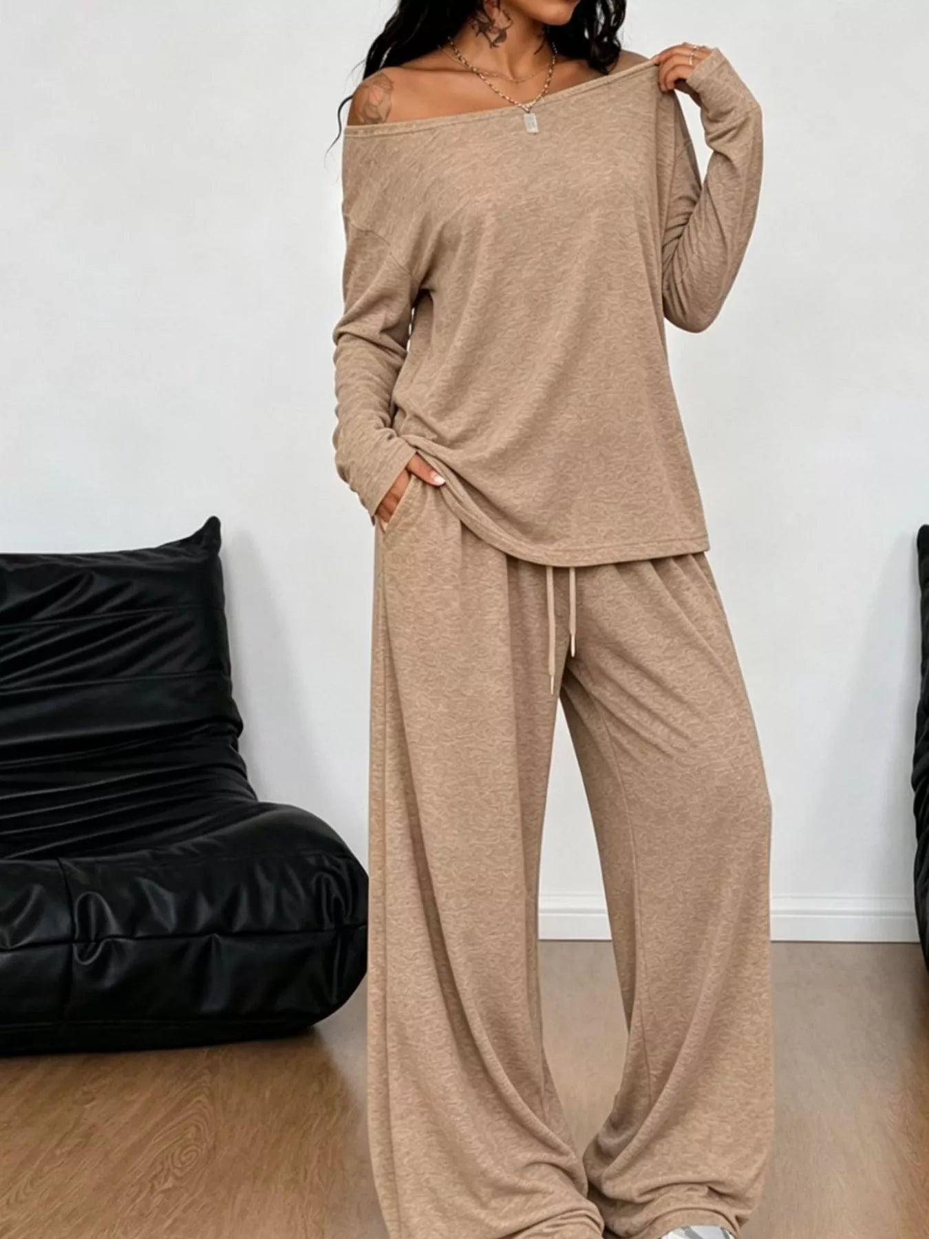 Full Size Comfortable Loose Fit One-Shoulder T-Shirt and Pants Set Plus Size - Trendsi - Flyclothing LLC