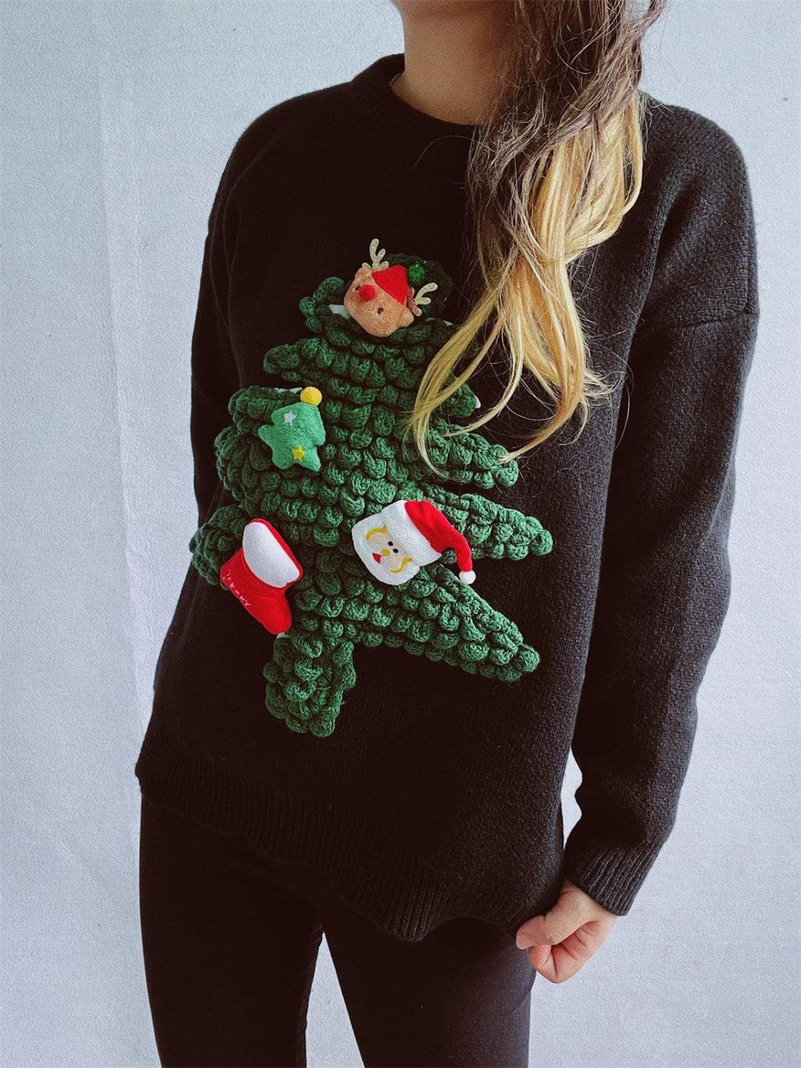 Christmas Tree Round Neck Long Sleeve Sweater - Trendsi - Flyclothing LLC