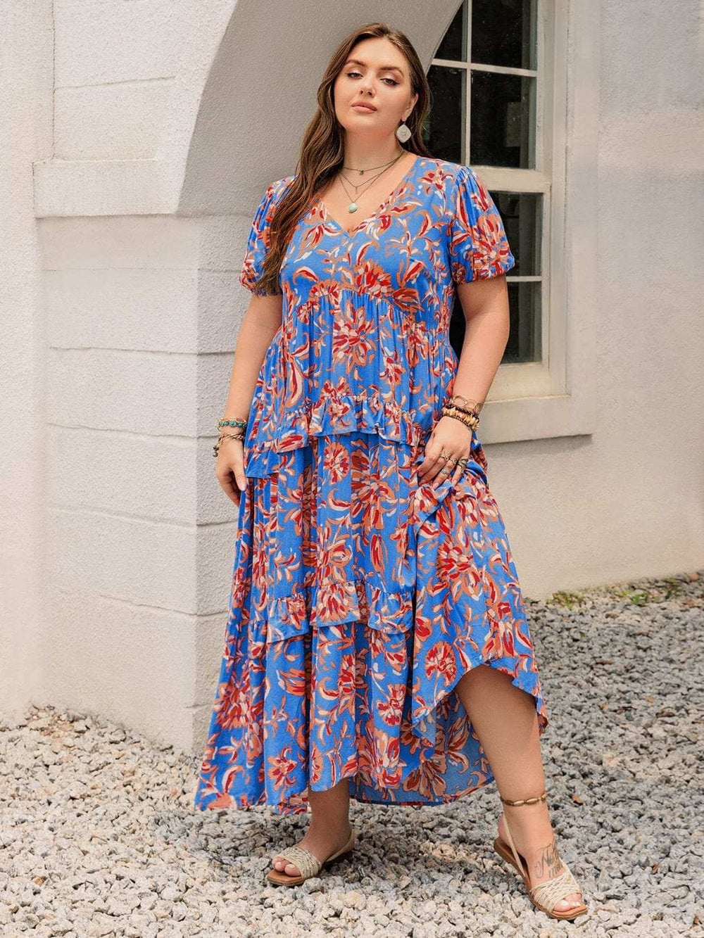 Plus Size Ruffled Printed V-Neck Short Sleeve Maxi Dress - Trendsi - Flyclothing LLC