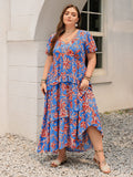 Plus Size Ruffled Printed V-Neck Short Sleeve Maxi Dress - Trendsi