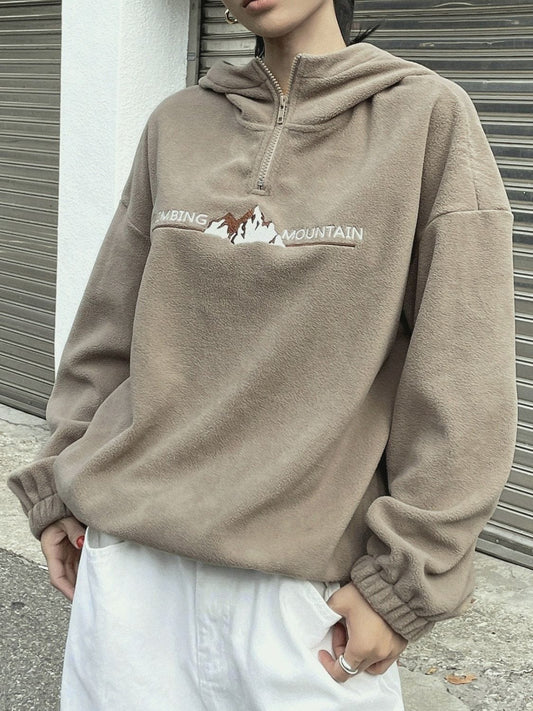 Mountain Quarter Zip Long Sleeve Hoodie - Trendsi