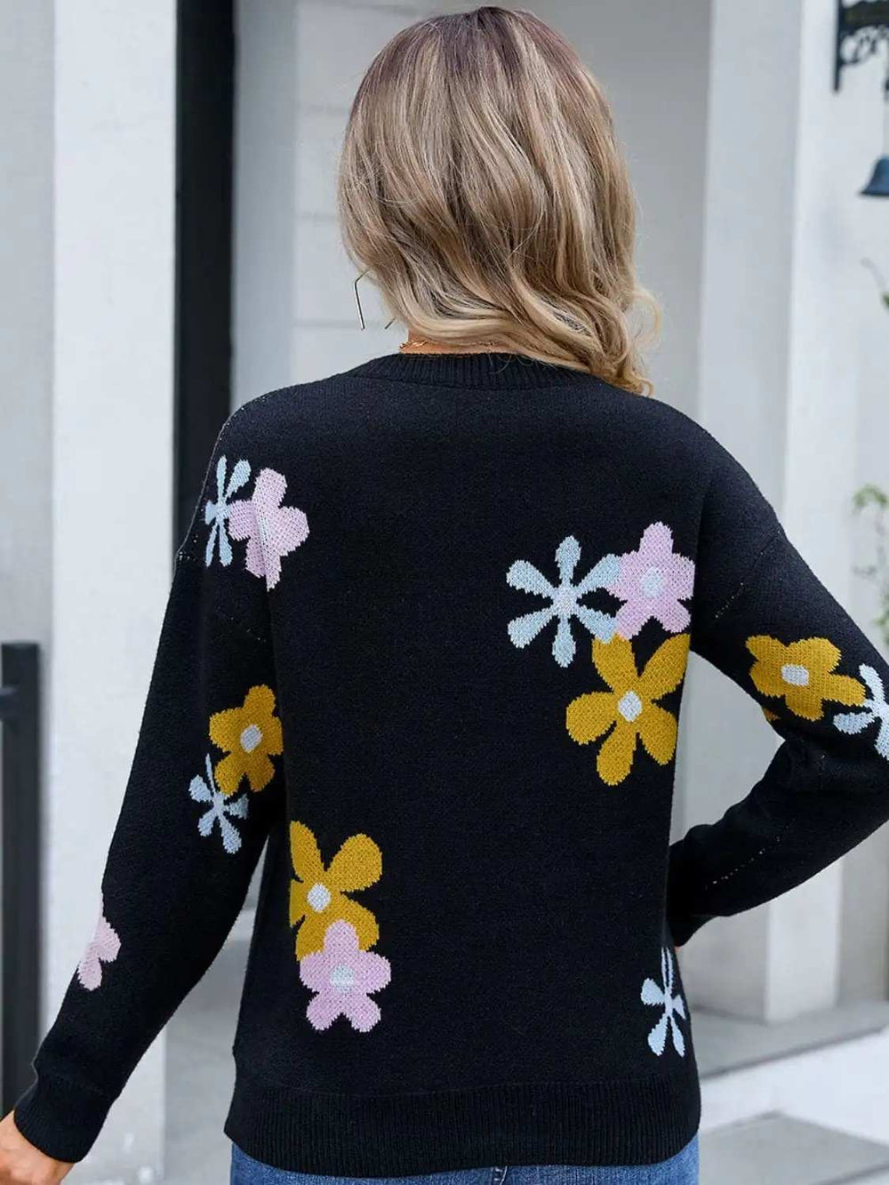 Flower Round Neck Dropped Shoulder Sweater - Trendsi - Flyclothing LLC