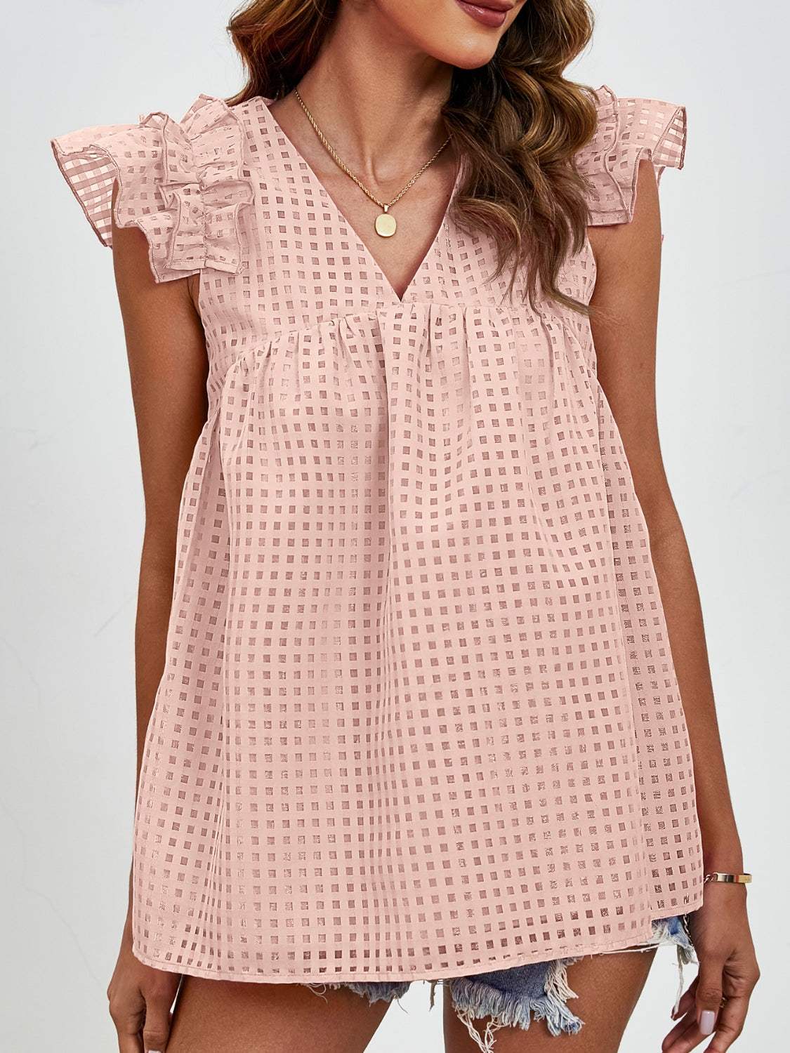 Ruched V-Neck Cap Sleeve Blouse - Trendsi - Flyclothing LLC