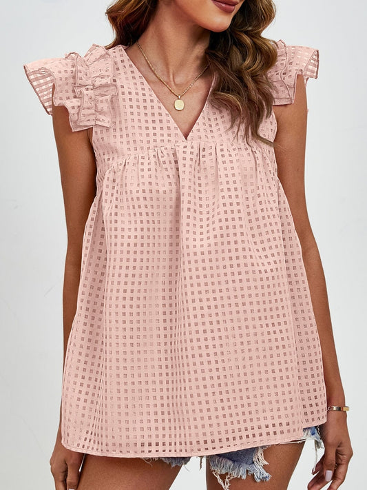 Ruched V-Neck Cap Sleeve Blouse - Trendsi