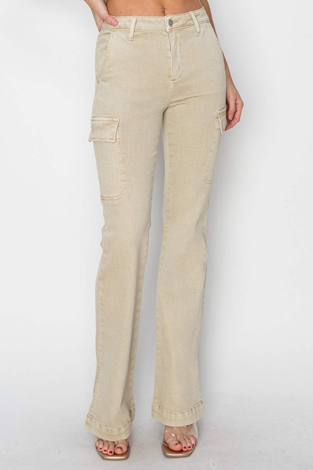 RISEN Full Size High Rise Side Slit Cargo Bootcut Jeans - Trendsi - Flyclothing LLC