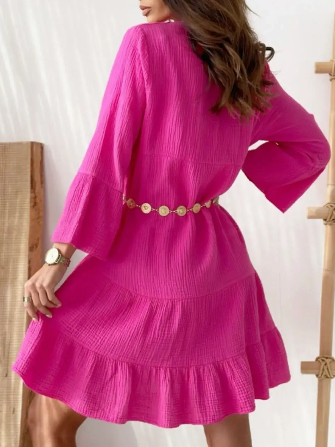 Button Detail Notched Long Sleeve Dress - Trendsi - Flyclothing LLC