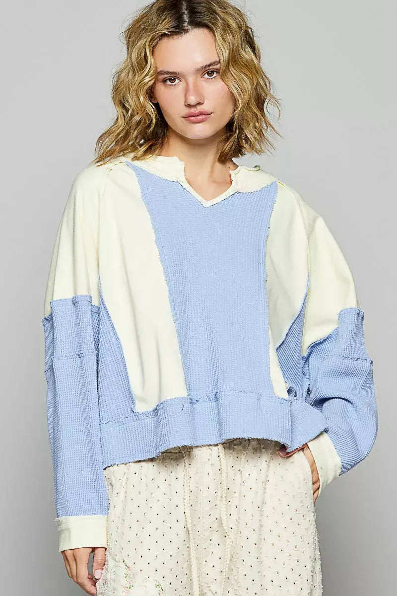 POL Color Block Waffle Knit Raw Hem Sweatshirt - Trendsi - Flyclothing LLC