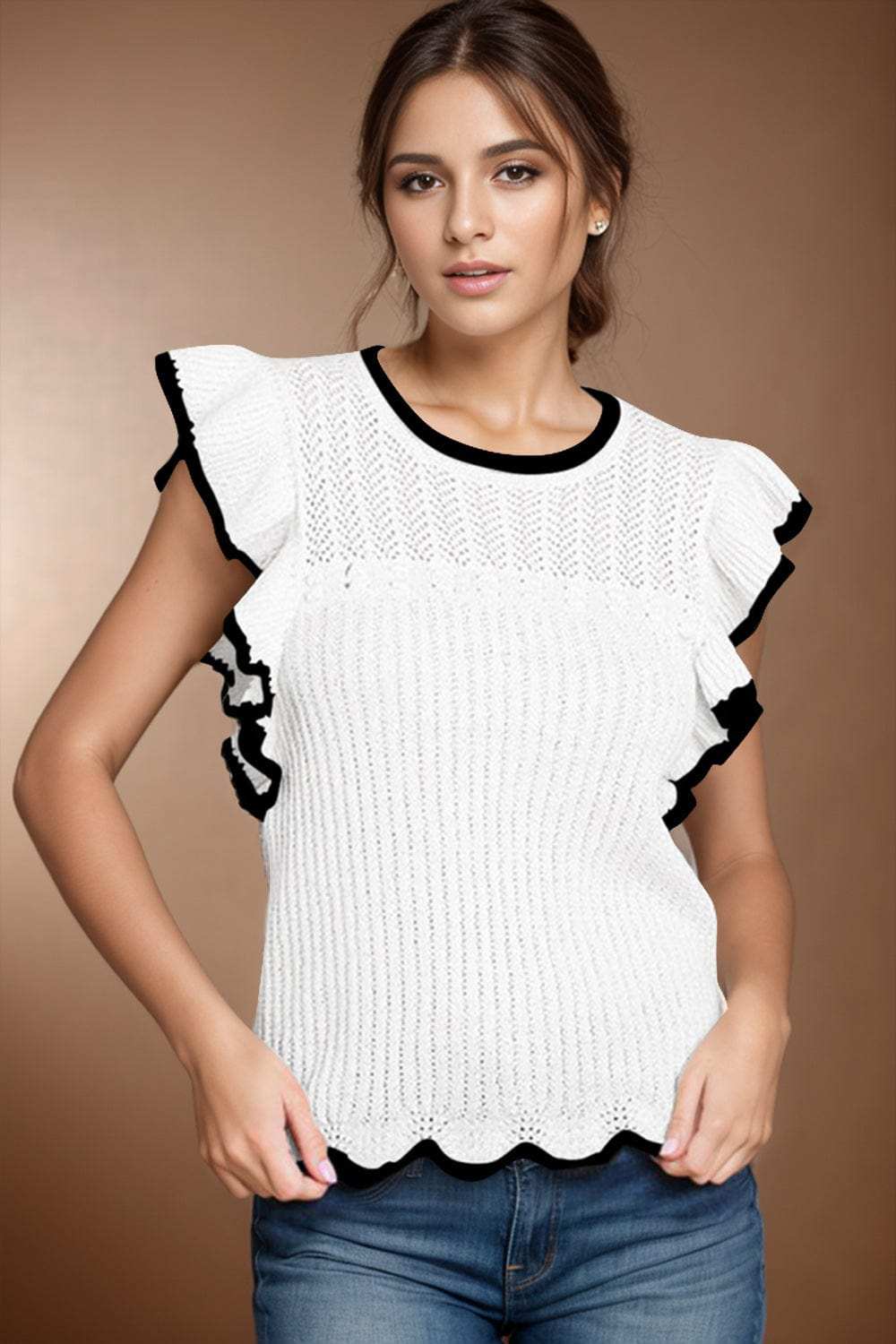 Ruffled Round Neck Cap Sleeve Knit Top - Trendsi - Flyclothing LLC