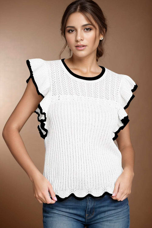 Ruffled Round Neck Cap Sleeve Knit Top - Trendsi - Flyclothing LLC