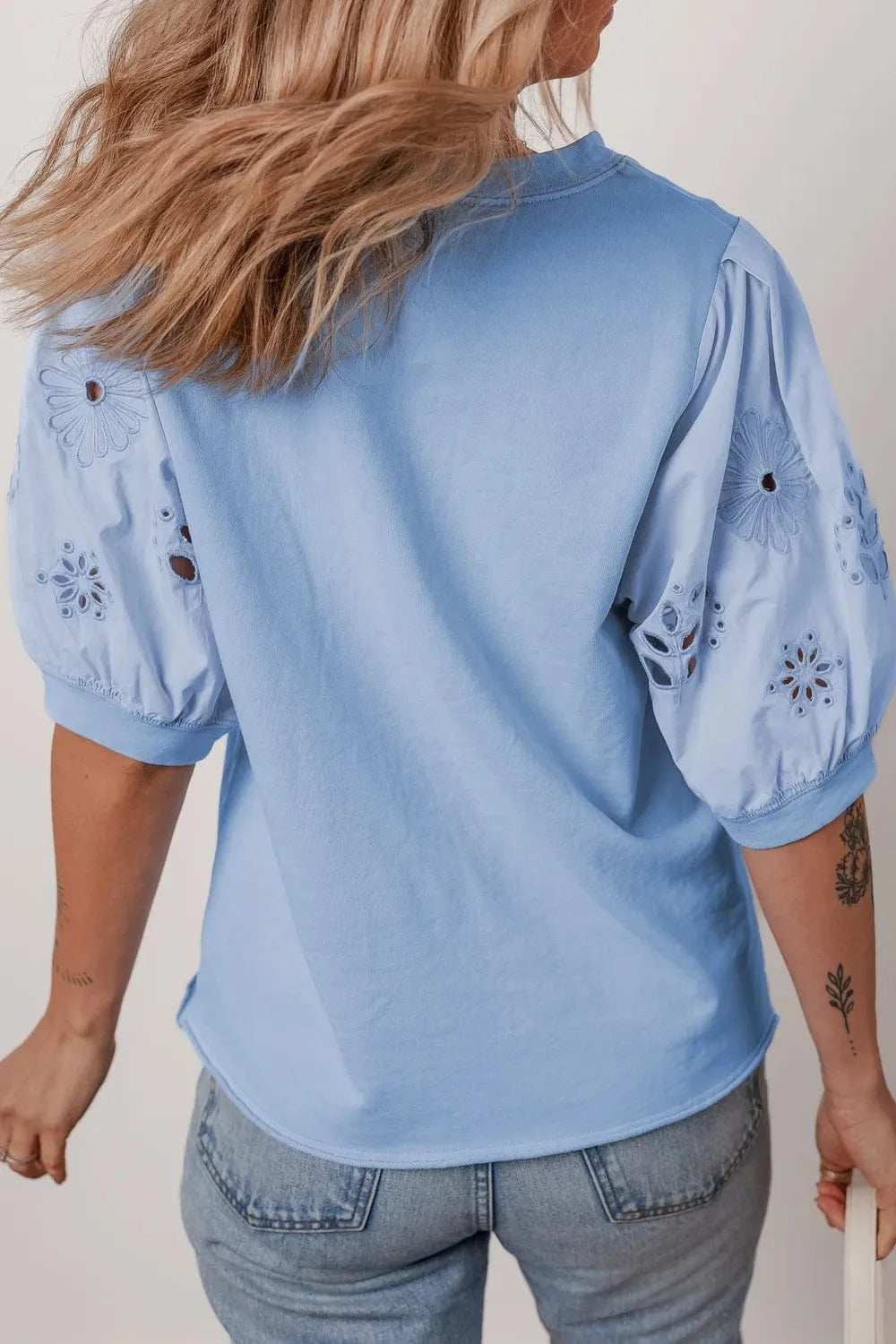 Eyelet Flower Embroidered Puff Short Sleeve Patchwork Crew Neck Blouse - Trendsi - Flyclothing LLC