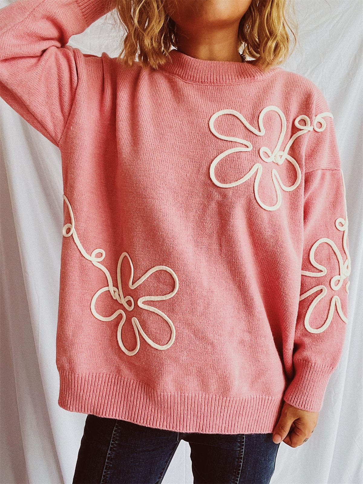 Flower Round Neck Long Sleeve Sweater - Trendsi