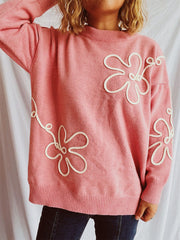 Flower Round Neck Long Sleeve Sweater - Trendsi