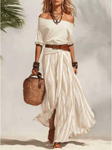 Off Shoulder Top and Striped Maxi Skirt Set - Trendsi - Flyclothing LLC