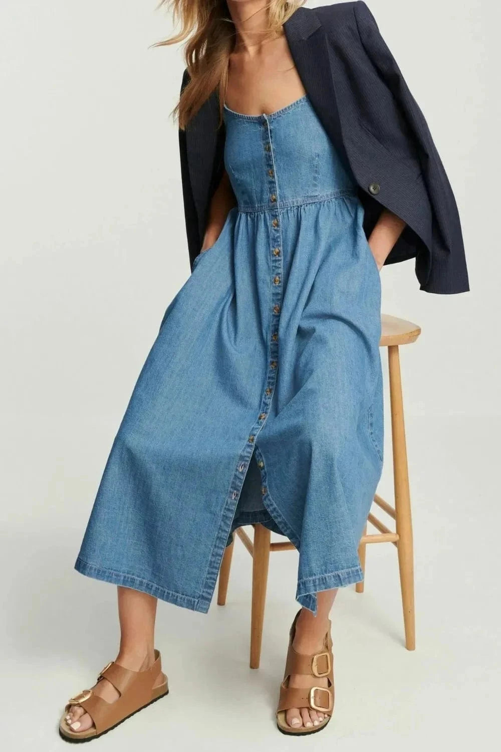 Button Front Denim Cami Dress - Trendsi