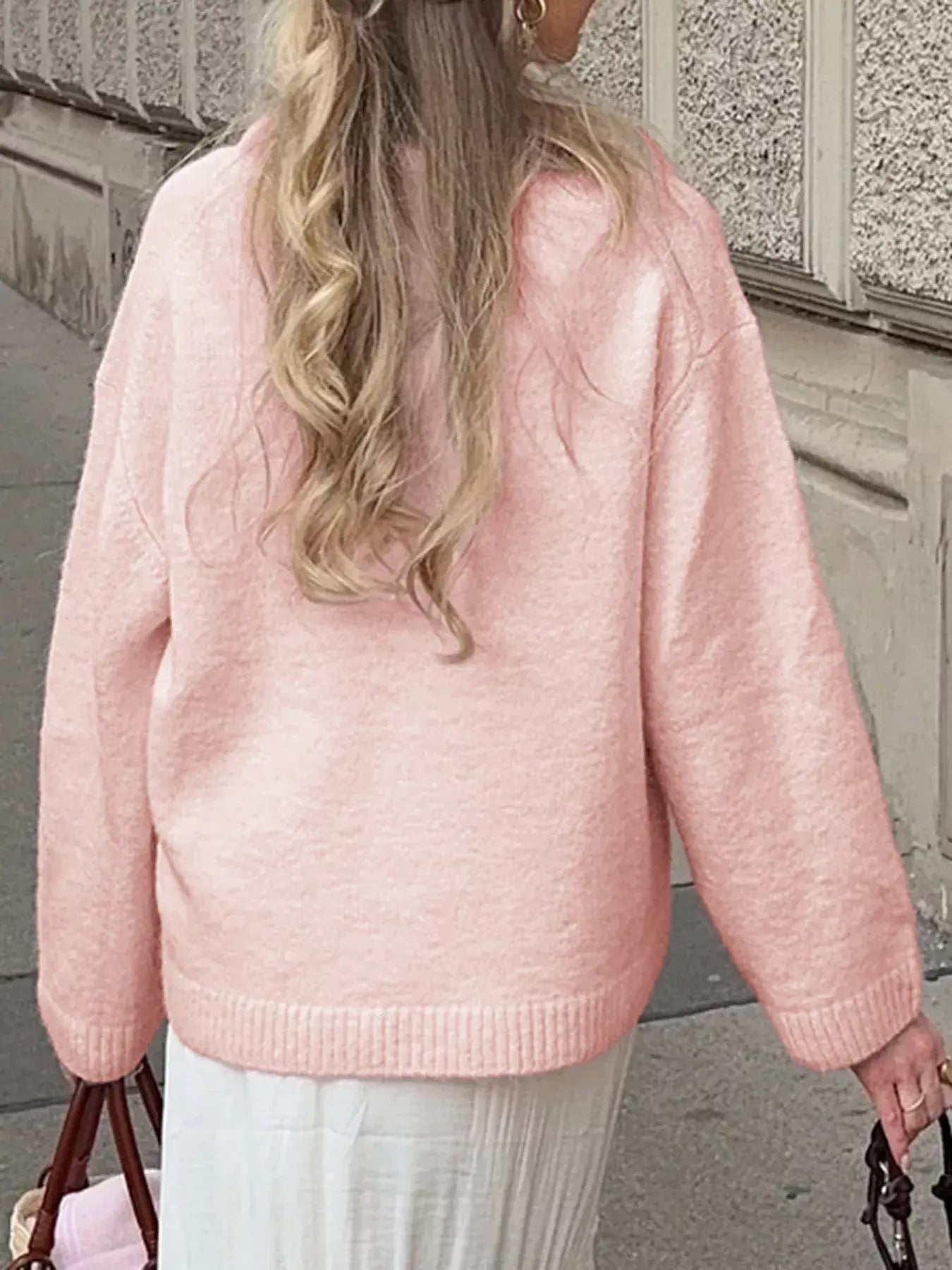 Ribbed Round Neck Dropped Shoulder Sweater - Trendsi - Flyclothing LLC
