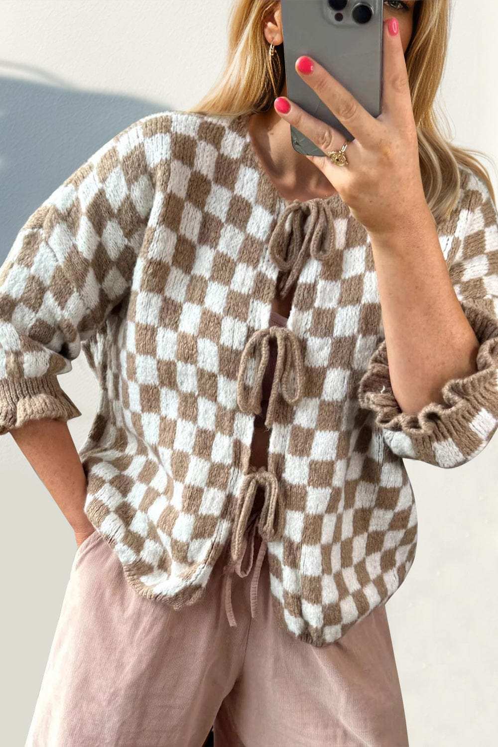 Double Take Tied Checkered Dropped Shoulder Flounce Sleeve Cardigan - Trendsi - Flyclothing LLC