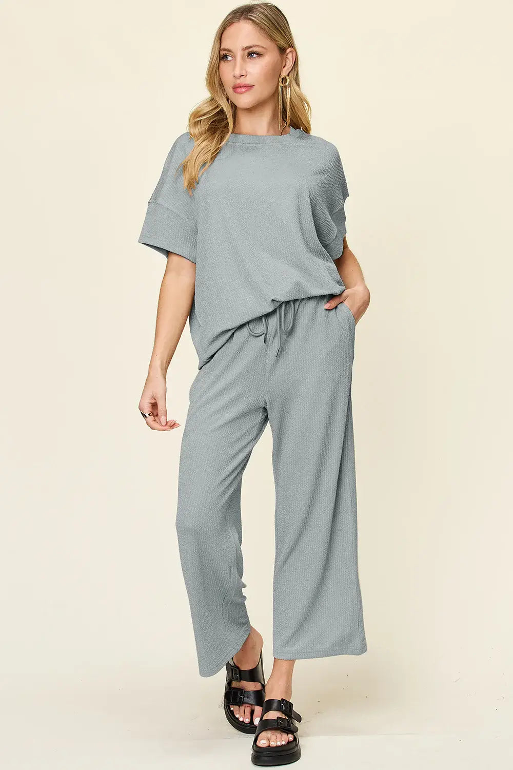 Double Take Full Size Texture Round Neck Short Sleeve T-Shirt and Wide Leg Pants - Trendsi - Flyclothing LLC