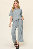 Double Take Full Size Texture Round Neck Short Sleeve T-Shirt and Wide Leg Pants - Trendsi - Flyclothing LLC