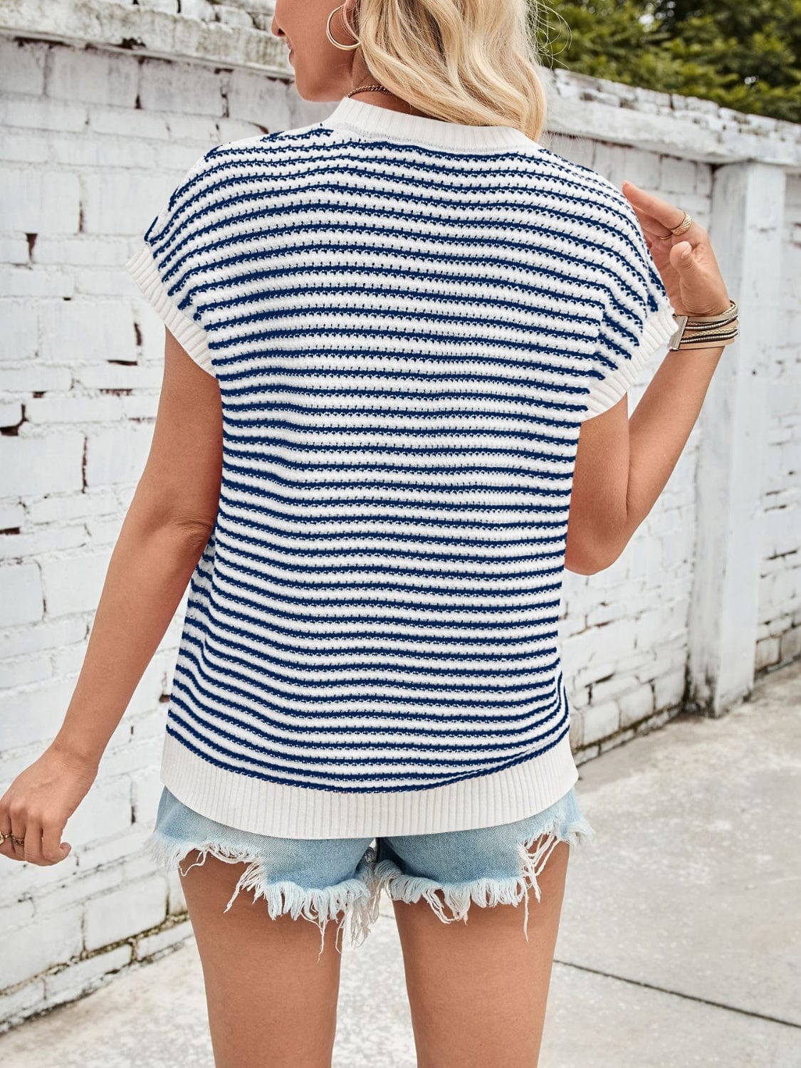 Lovelet Striped Round Neck Cap Sleeve Sweater - Trendsi