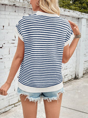 Lovelet Striped Round Neck Cap Sleeve Sweater - Trendsi