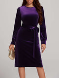 Round Neck Tie Waist Long Sleeve Velvet Dress - Trendsi - Flyclothing LLC