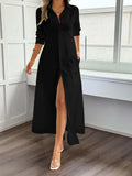 Slit Long Sleeve Maxi Shirt Dress - Trendsi