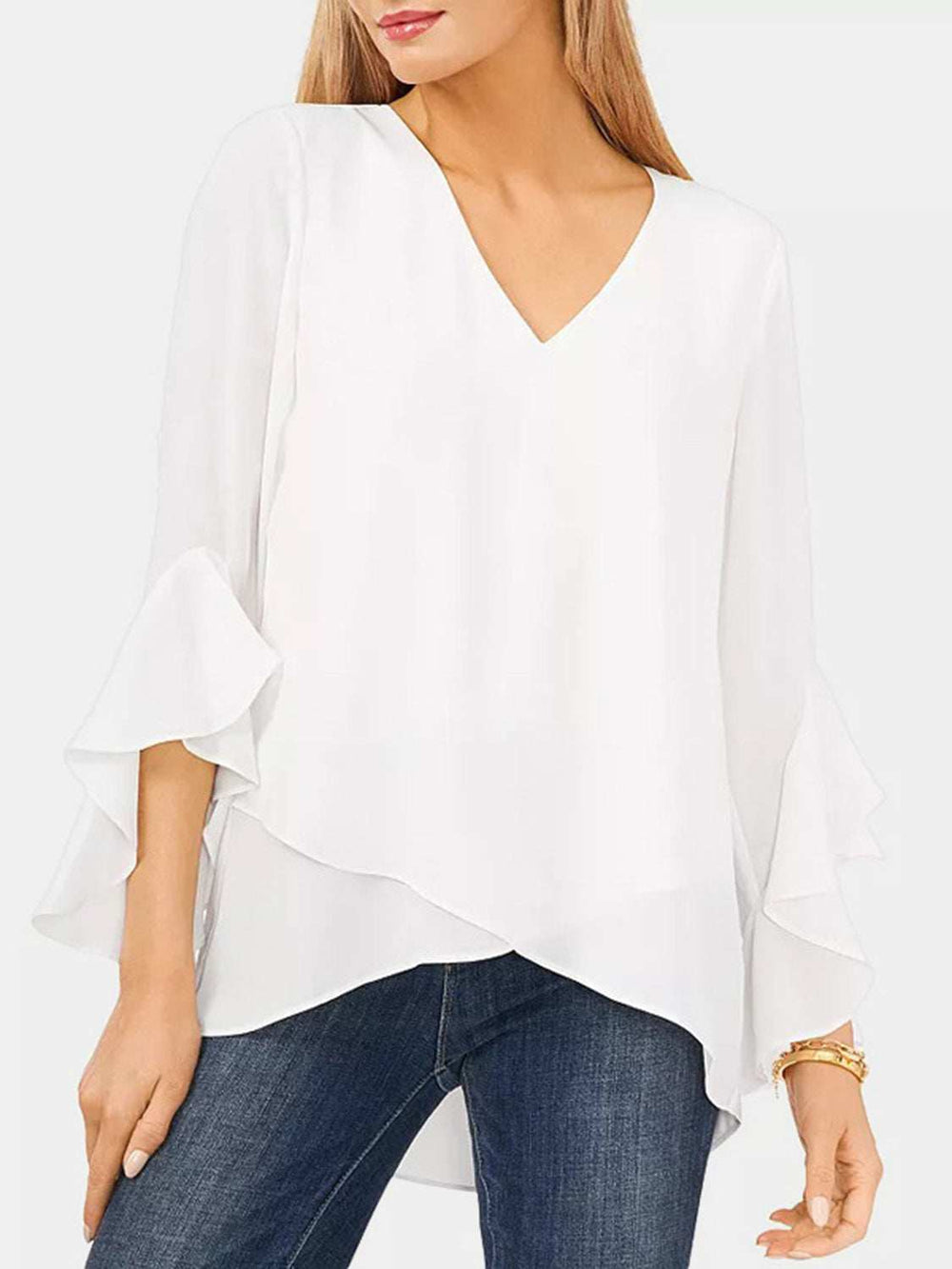 V-Neck Flounce Sleeve Blouse - Trendsi - Flyclothing LLC