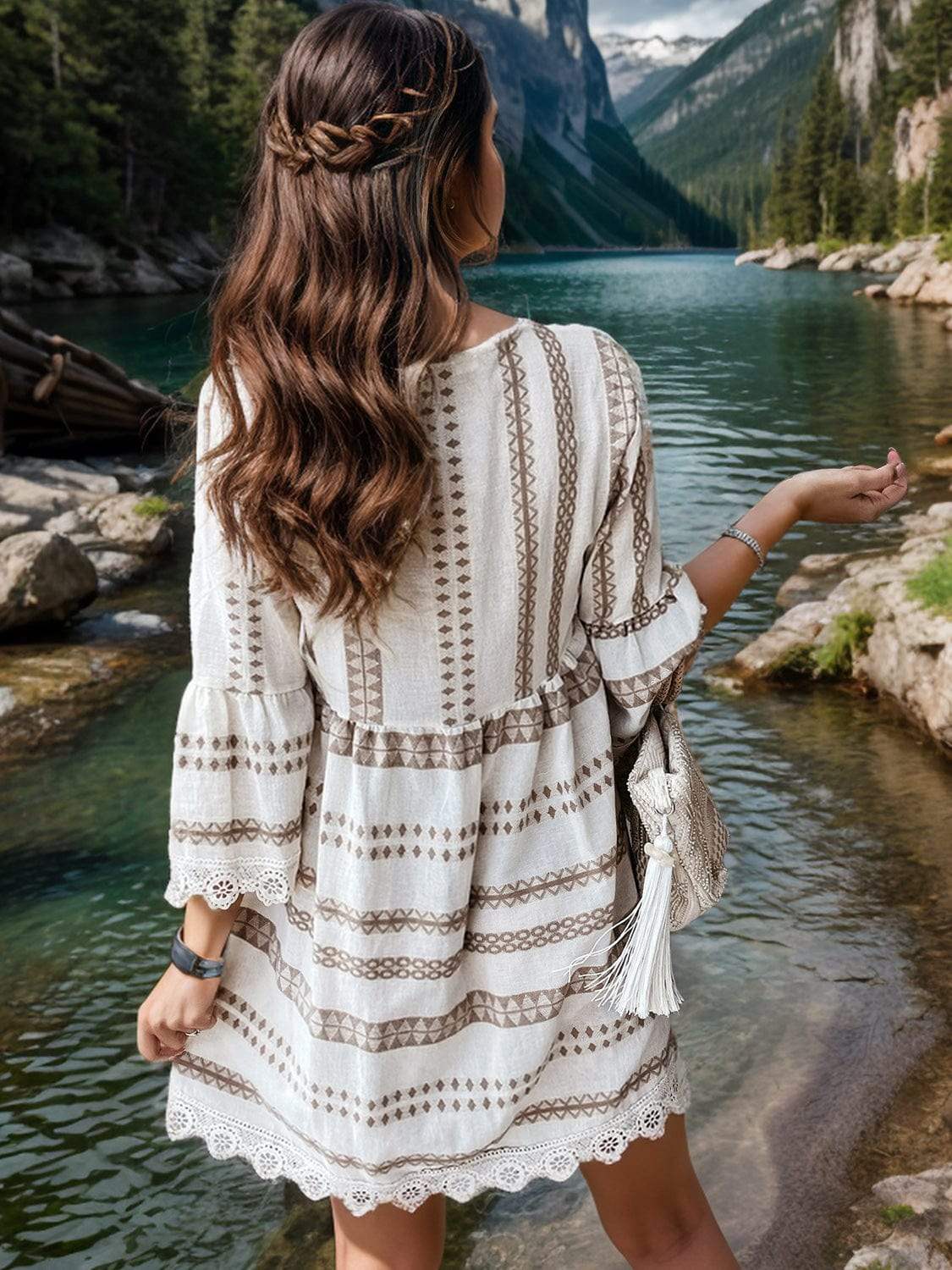 Lace Detail Printed Three-Quarter Sleeve Dress - Trendsi - Flyclothing LLC