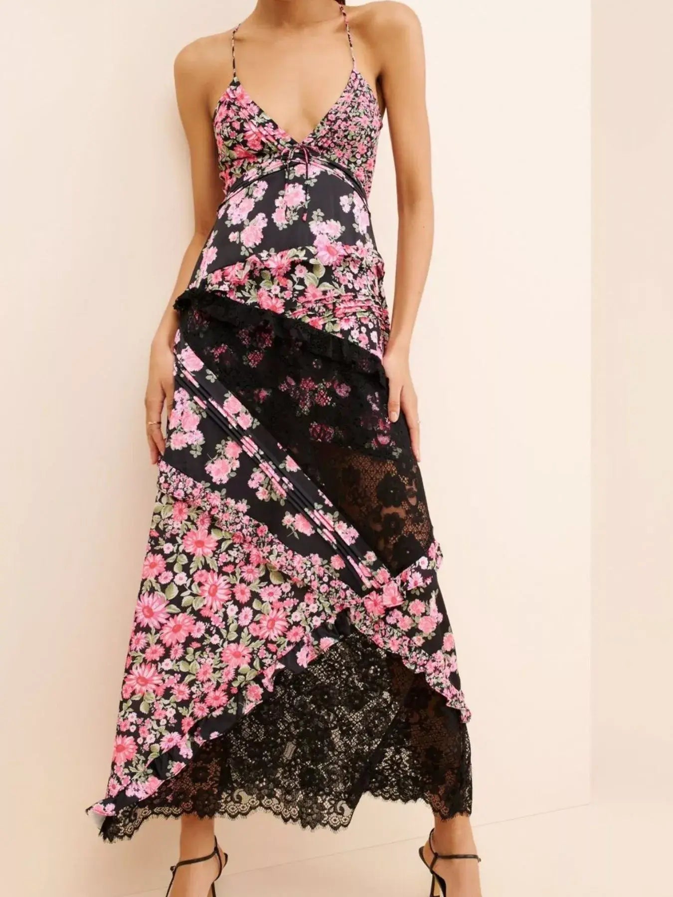 Lace Detail Ruffled Floral V-Neck Maxi Dress - Trendsi - Flyclothing LLC