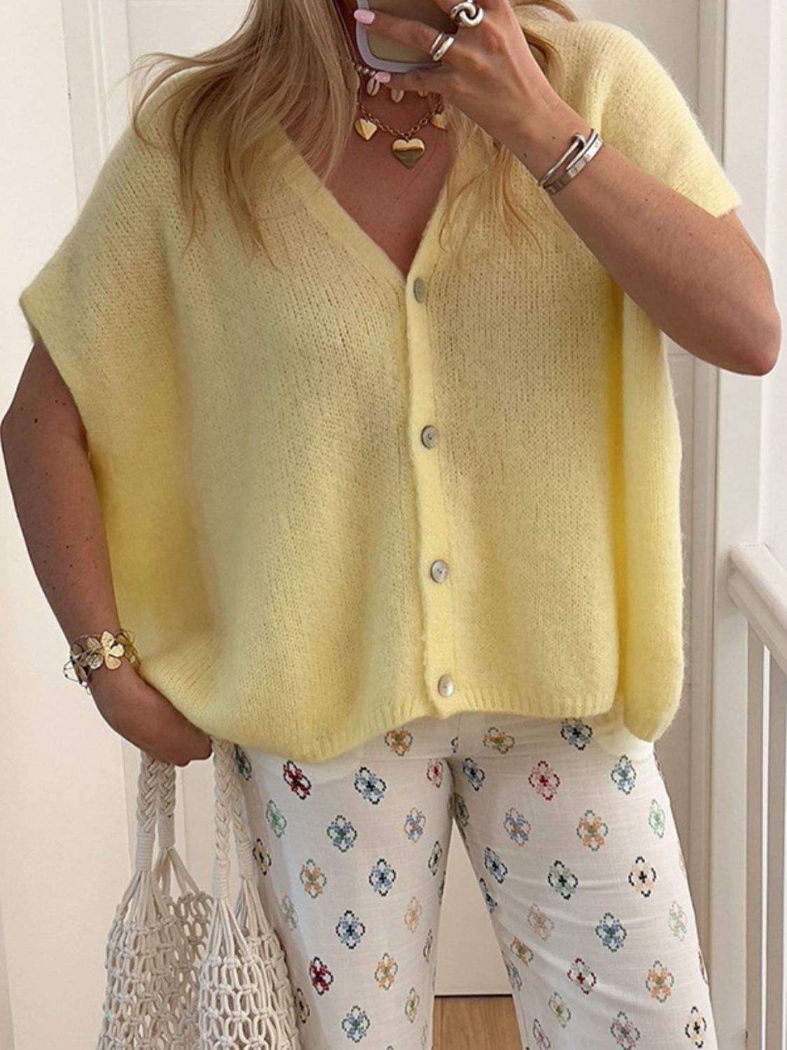 V-Neck Button Up Short Sleeve Cardigan - Trendsi - Flyclothing LLC